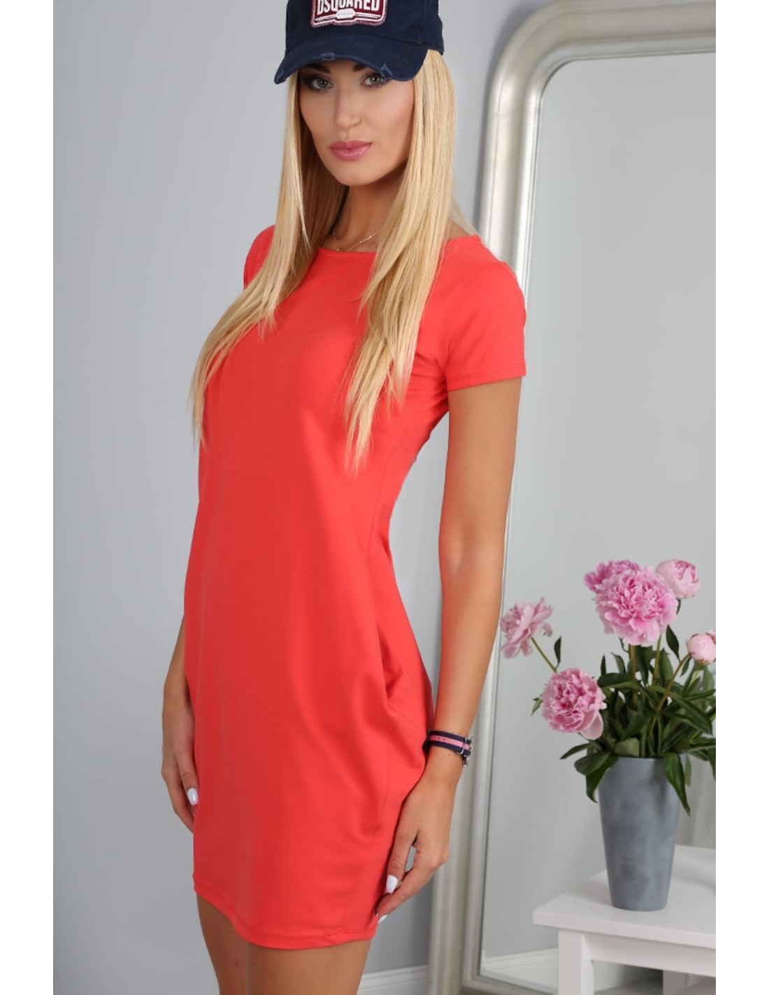 Korallenrotes Kleid mit kurzen Ärmeln 9967 – Online-Shop – Boutique